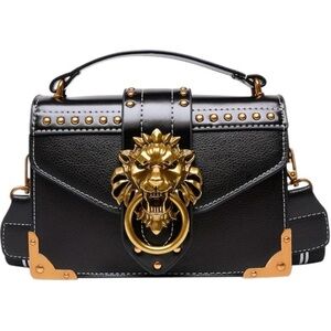 Black and Gold Designer Metal Lion Head Studded Lock Handbag